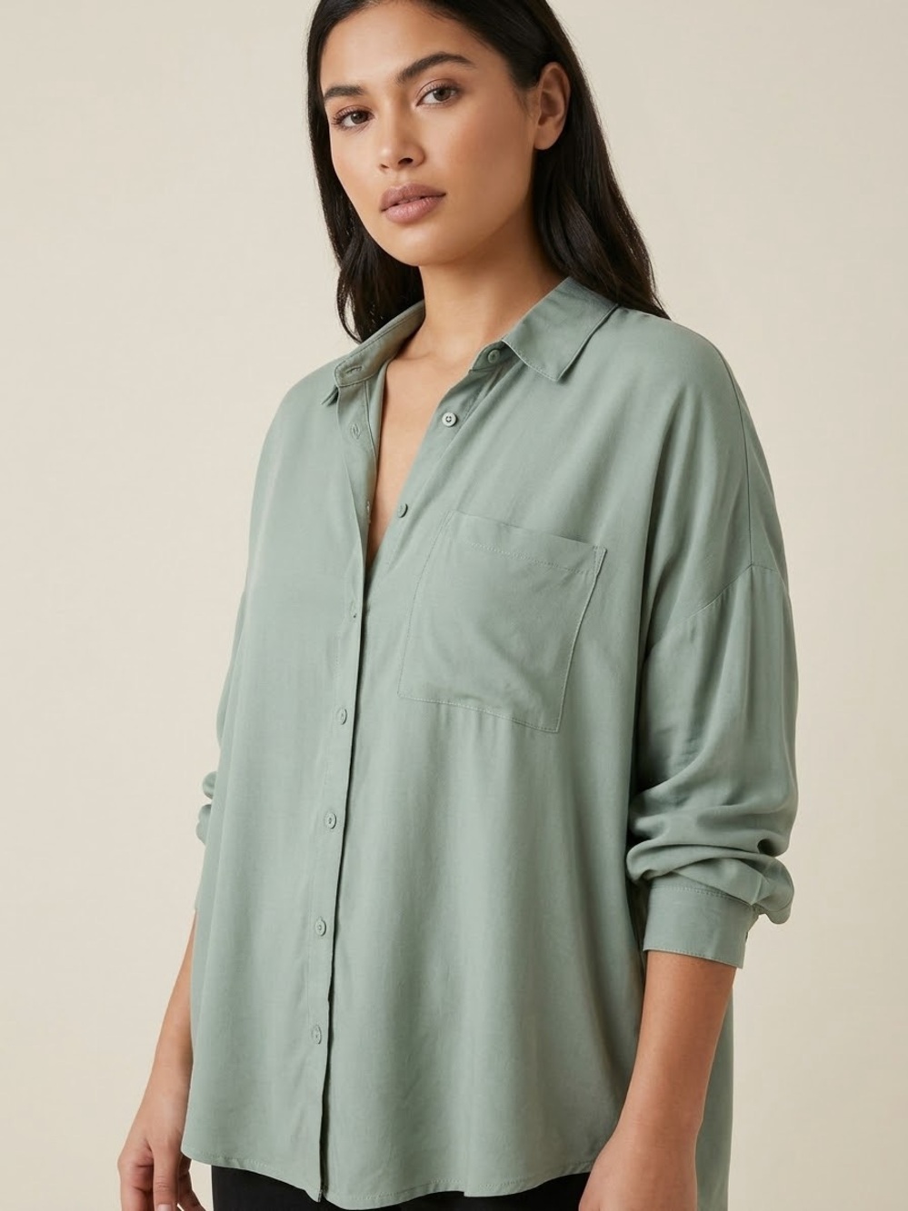FOREVER 21 Loose Fit Rayon Button Down Long Sleeve Top Single Chest Pocket